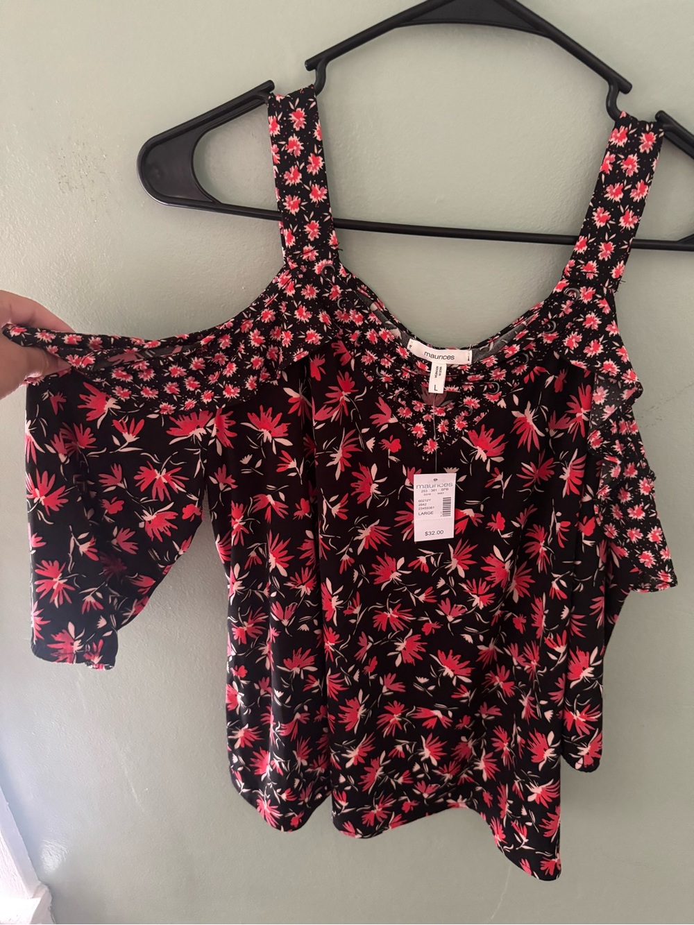 Maurices Black Cold-Shoulder Top with Pink Floral Print